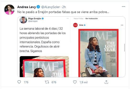 Tuit borrado de Andrea Levy contra Íñigo Errejón en Twitter. Tuit borrado de Andrea Levy contra Íñigo Errejón en Twitter.