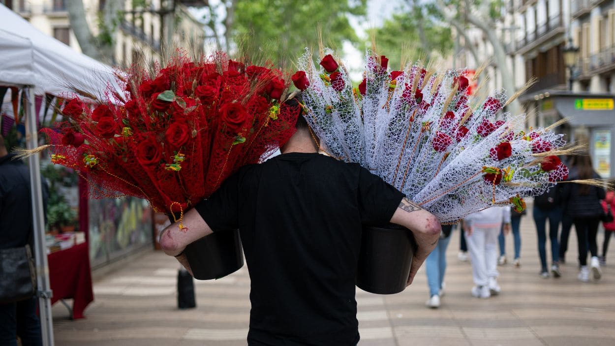 Un hombre con rosas decenas de rosas rojas el día de Sant Jordi 2024. EP.
