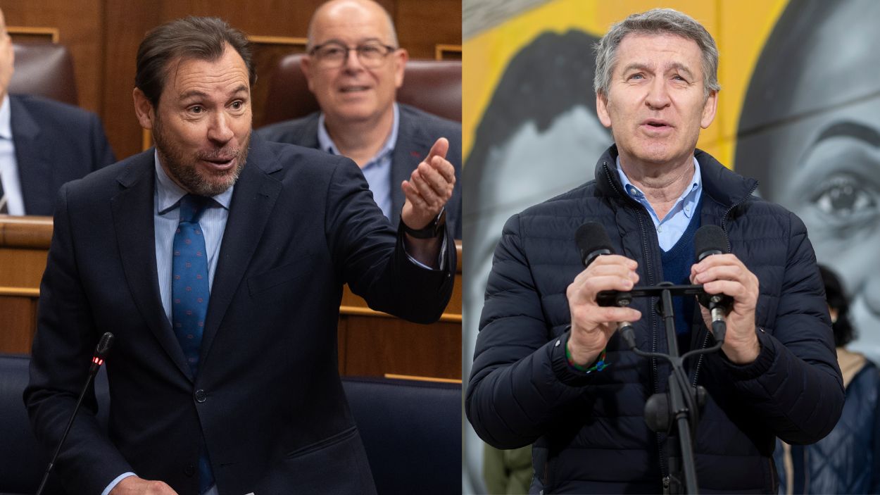 El ministro de Transportes y Movilidad Sostenible, Óscar Puente y el presidente del Partido Popular, Alberto Núñez Feijóo. EP.