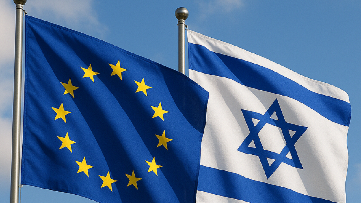 Montaje de las banderas de la Unión Europea e Israel.